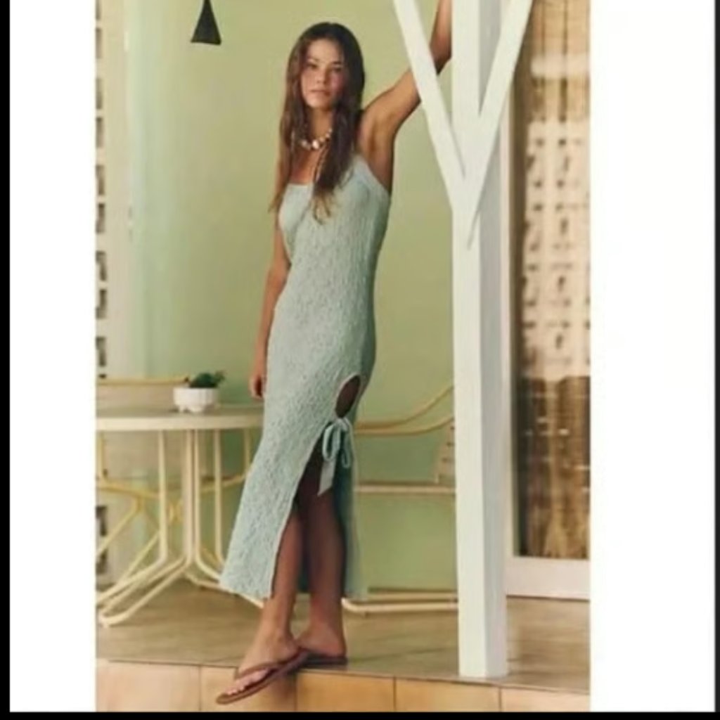 Free People Free Est Sea Foam Ivory Beige Halter Midi Tie Crinkle Dress New $148